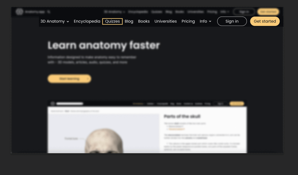 Anatomy.app website, quizzes section